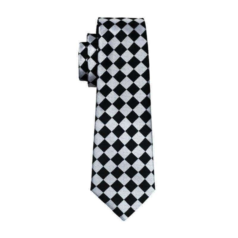 Skinny Black Tie With Silvery Checkerboard Pattern