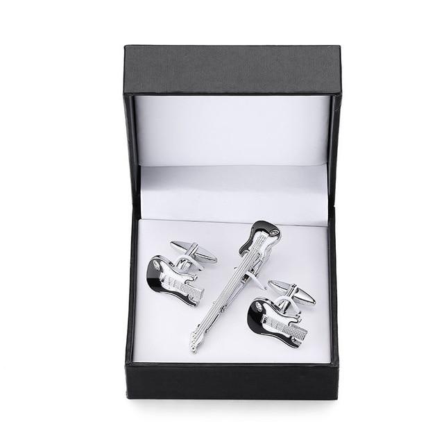 Black, White & Silver Guitar Tie Clip & Cufflink Boxed Set - Modern Mister