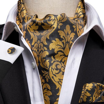 Black & Yellow Floral Print Matching Silk Ascot Set (3pc) - Modern Mister-Ascot (Cravat) Matching Set (3pc)-Ascot-Ascot Set-Black