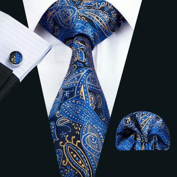 Blue & Gold Paisley Matching Tie Set (3pc) - Modern Mister