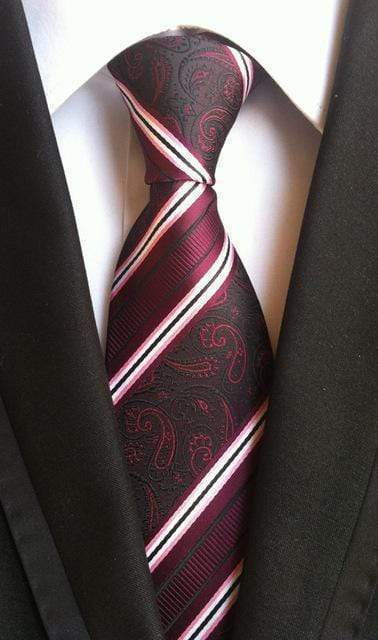 Burgundy Red & White Paisley Stripes Tie - Modern Mister