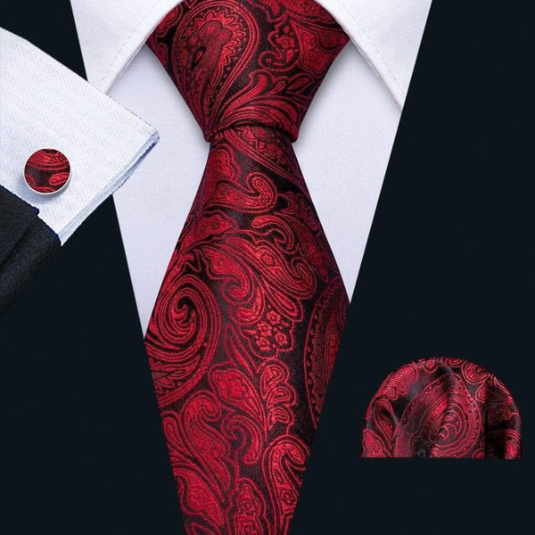 Cherry Red & Black Paisley Matching Tie Set (3pc) - Modern Mister