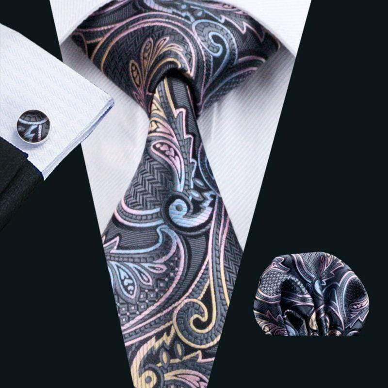 Gray with Light Blue, Pink & Yellow Paisley Matching Tie Set (3pc ...