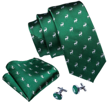 Green & White Reindeer Novelty Matching Tie Set (3pc) - Modern Mister