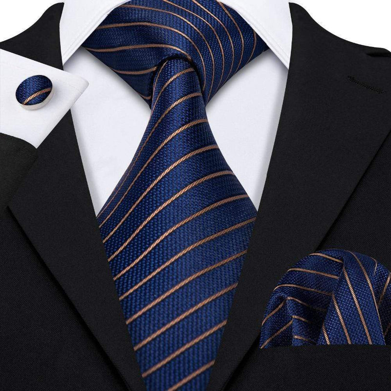 Navy Blue & Gold Stripes Tie Complete Set - Modern Mister