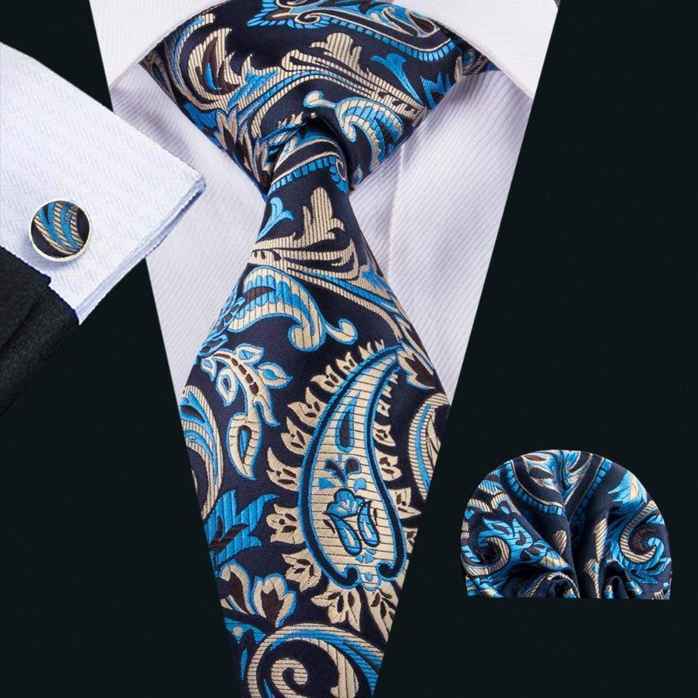 Navy Blue, Light Blue & Tan Paisley Matching Tie Set (3pc) - Modern Mister