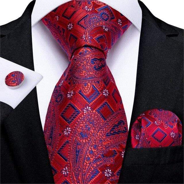 Ruby Red & Blue Paisley Geometric Tie Complete Set - Modern Mister