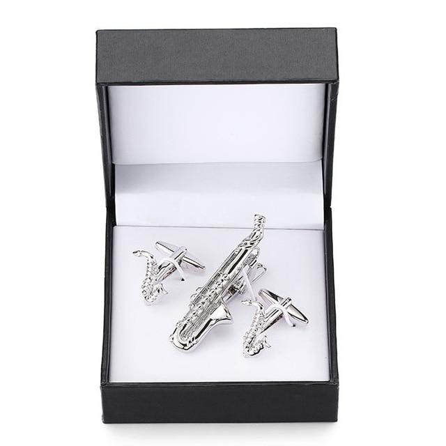 Silver Saxophone Tie Clip & Cufflink Boxed Set - Modern Mister