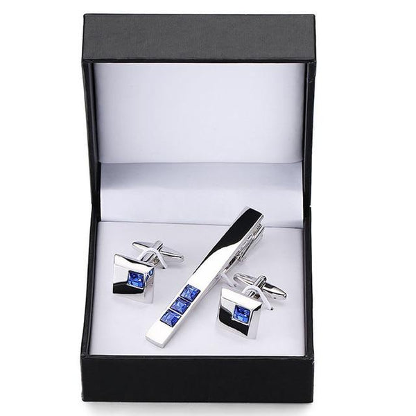 Silver with Blue Crystal Tie Clip & Cufflink Boxed Set