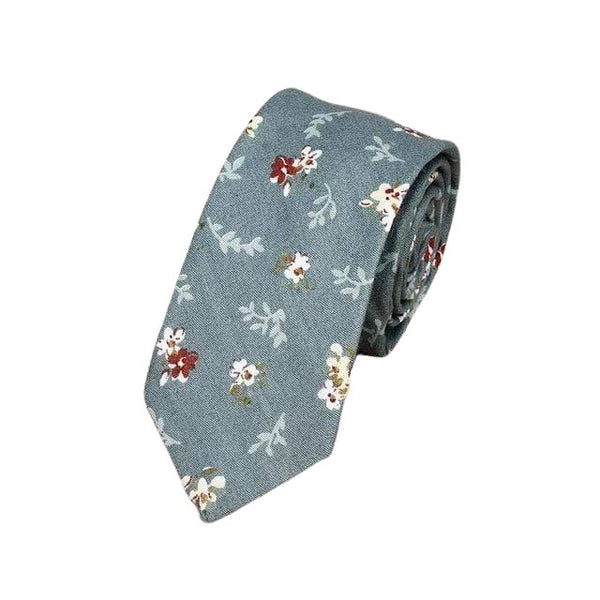Teal Gray with White & Red Flowers Cotton Skinny Tie - Modern Mister
