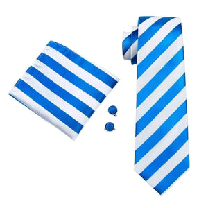White & Metallic Blue Stripes Matching Tie Set (3pc) - Modern Mister